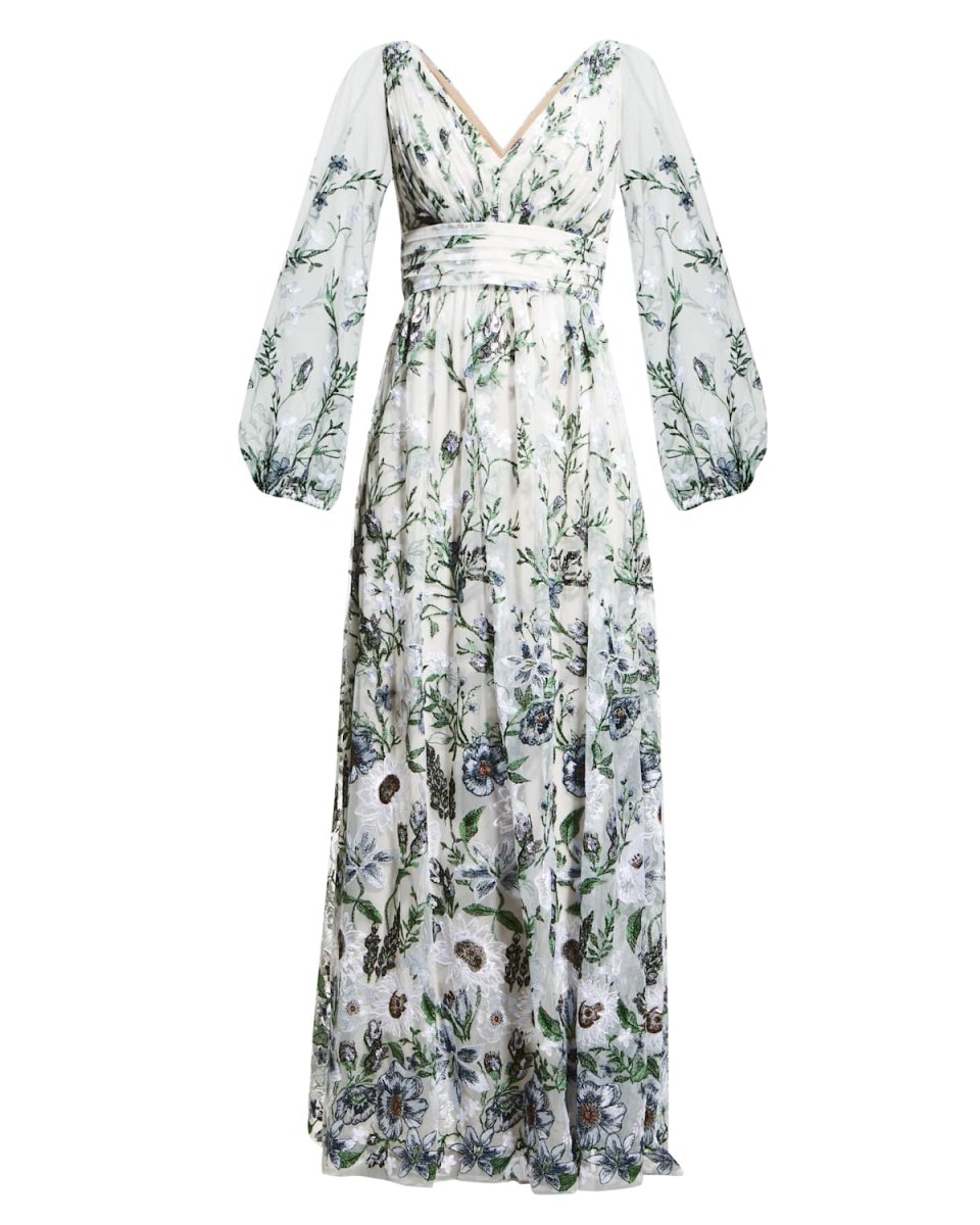 Floral-Embroidered Tulle Gown